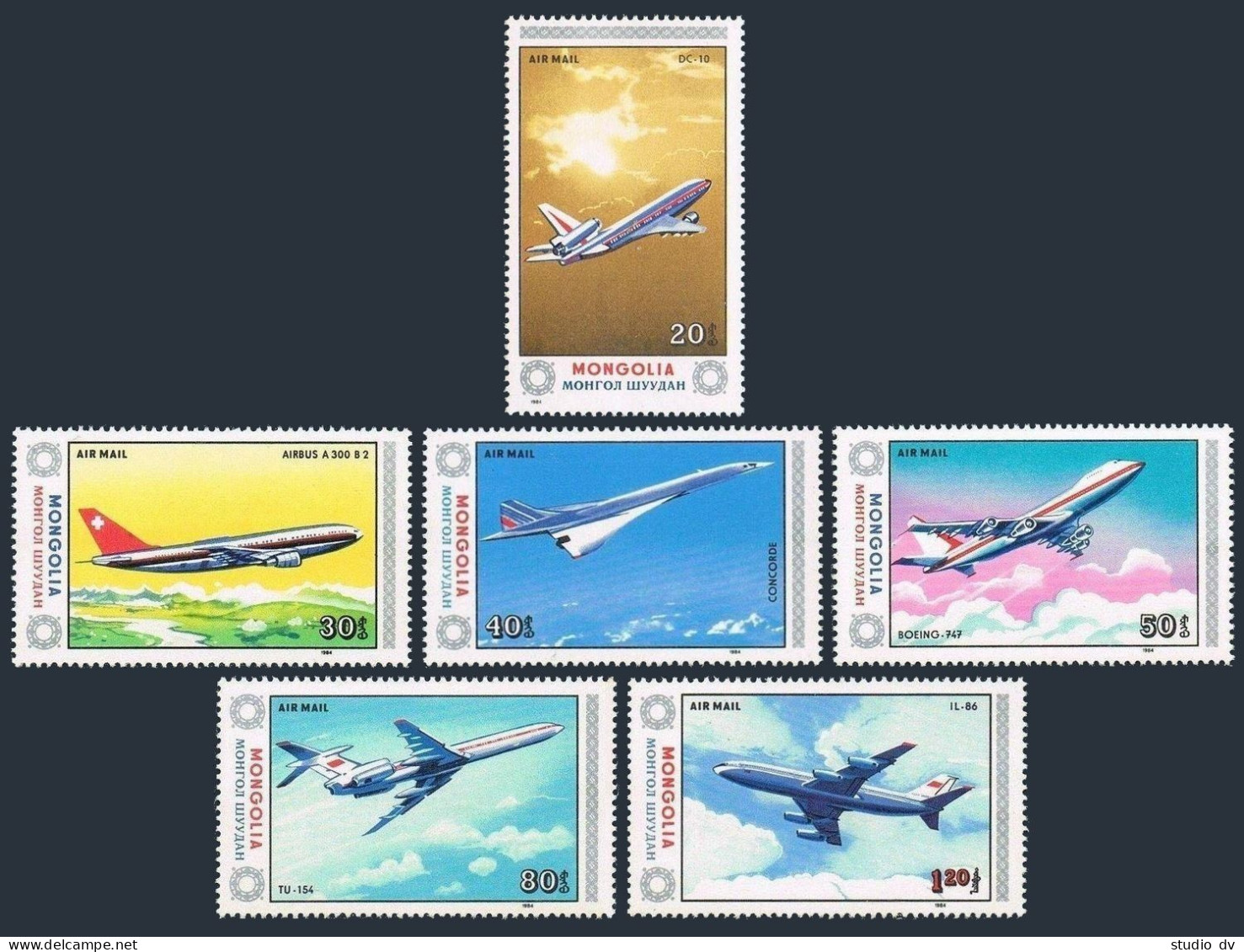 Mongolia C173-C179,C180,MNH. Mi 1626-1632,Bl.102. Aircraft,1984.Airbus,Concorde, - Mongolia