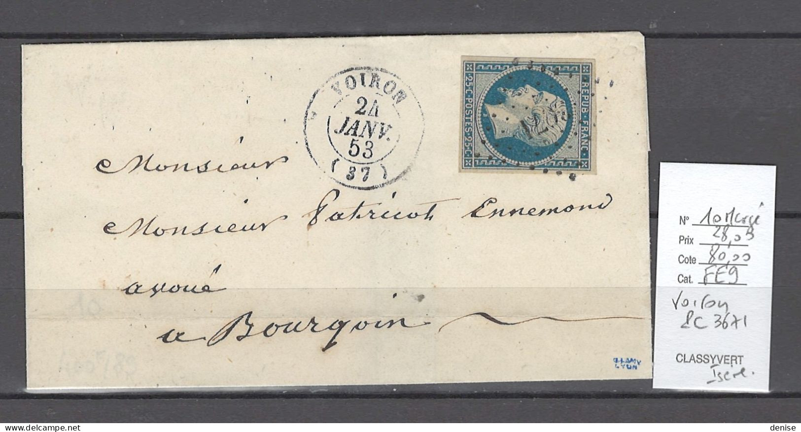 France - Lettre VOIRON - Isére - 1853 - 25cts Présidence - PC3671 - 1849-1876: Période Classique