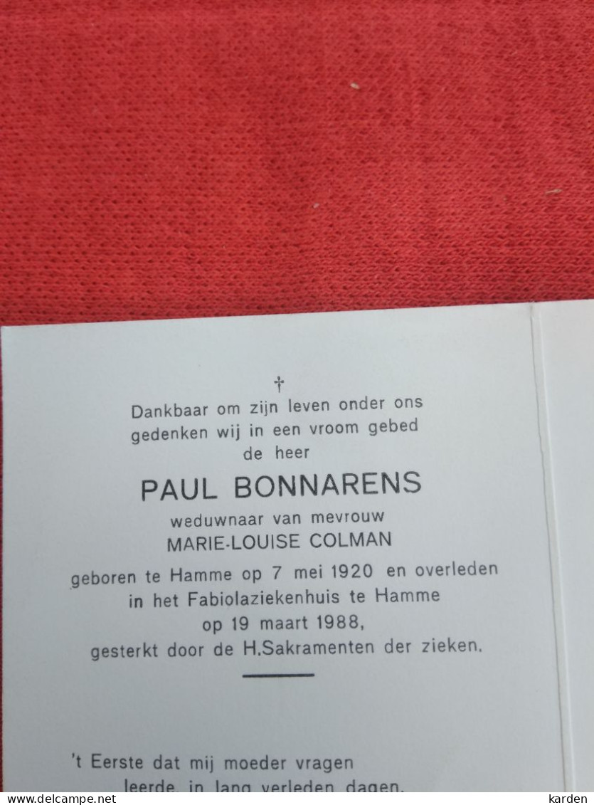 Doodsprentje Paul Bonnarens / Hamme 7/5/1920 - 19/3/1988 ( Marie Louise Colman ) - Godsdienst & Esoterisme