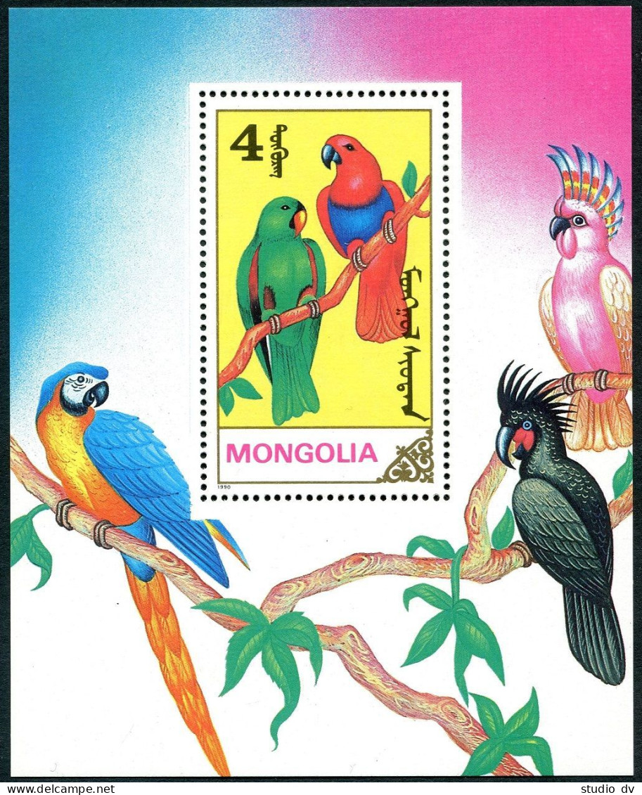 Mongolia 1896-1902, 1903 Sheet, MNH. Michel 2182-2188, Bl.155. Parrots, 1990. - Mongolei