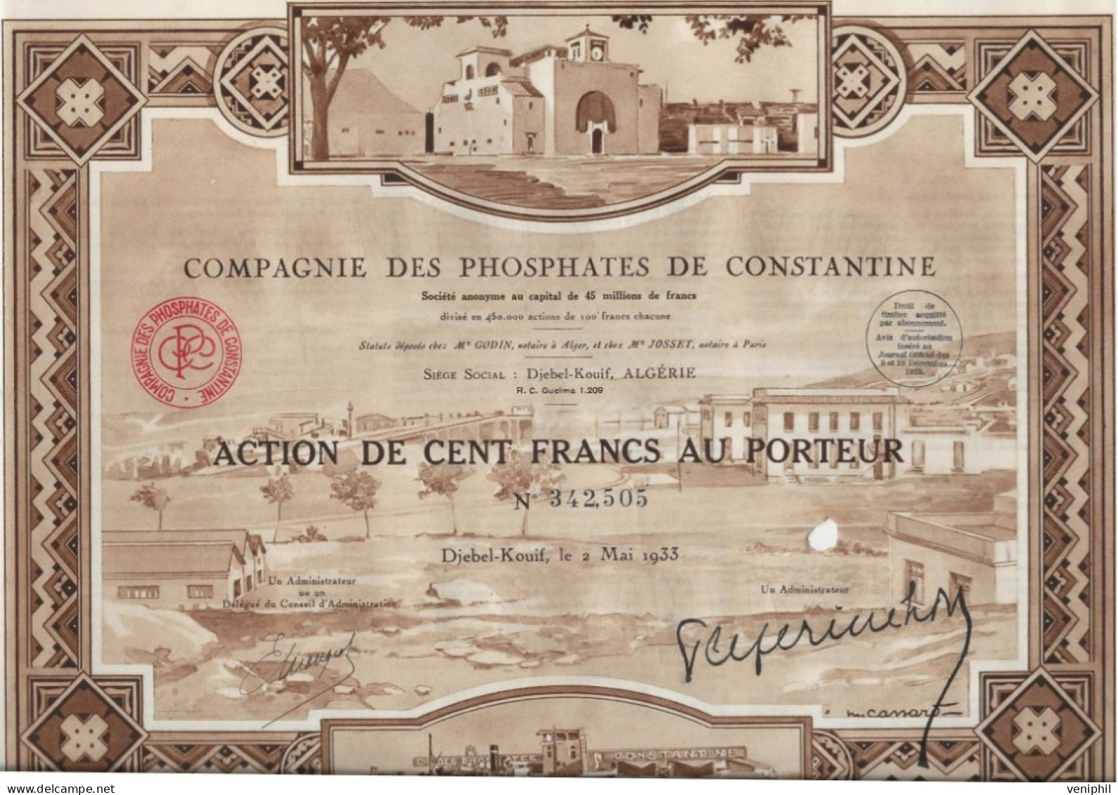 COMPAGNIE DES PHOSPHATES DE CONSTANTINE -ALGERIE - ACTION DE 100 FRANCS - ANNEE 1933 - Afrique