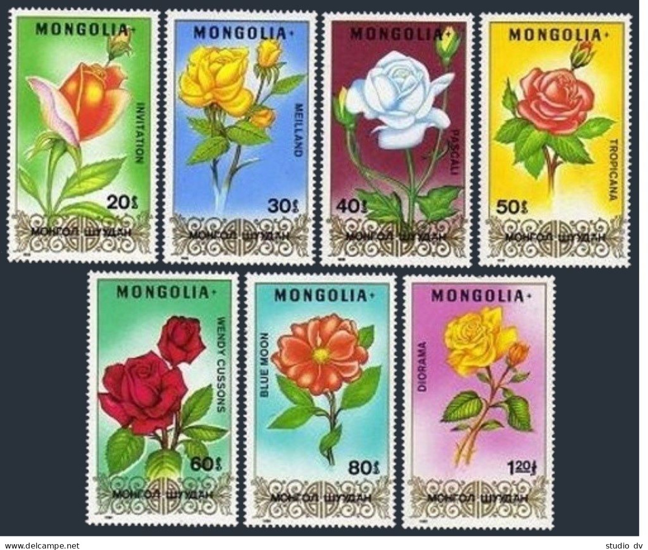 Mongolia 1661-1667, 1668, MNH. Michel 1948-1954, 1955 Bl.27. Roses 1988. - Mongolia