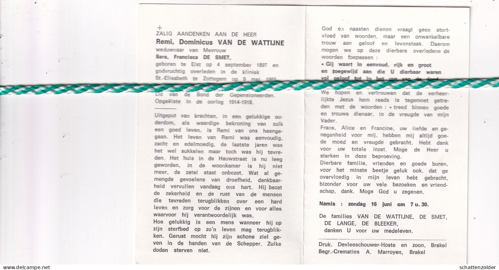 Remi Dominicus Van De Wattijne-De Smet; Elst 1897, Zottegem 1985. Opgeëiste 14-18 - Obituary Notices