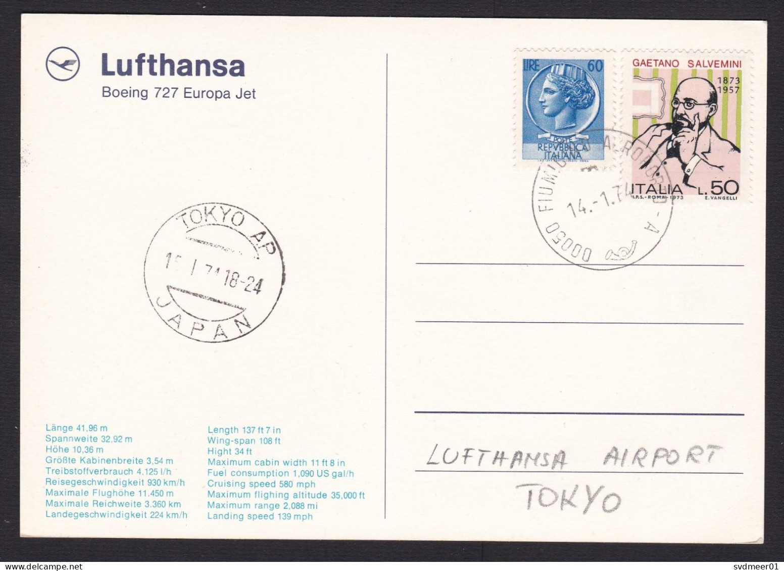 Italy: Picture Postcard To Japan, 1974, 2 Stamps, History, Card: Lufthansa Boeing 727, First Flight? (traces Of Use) - Sonstige & Ohne Zuordnung