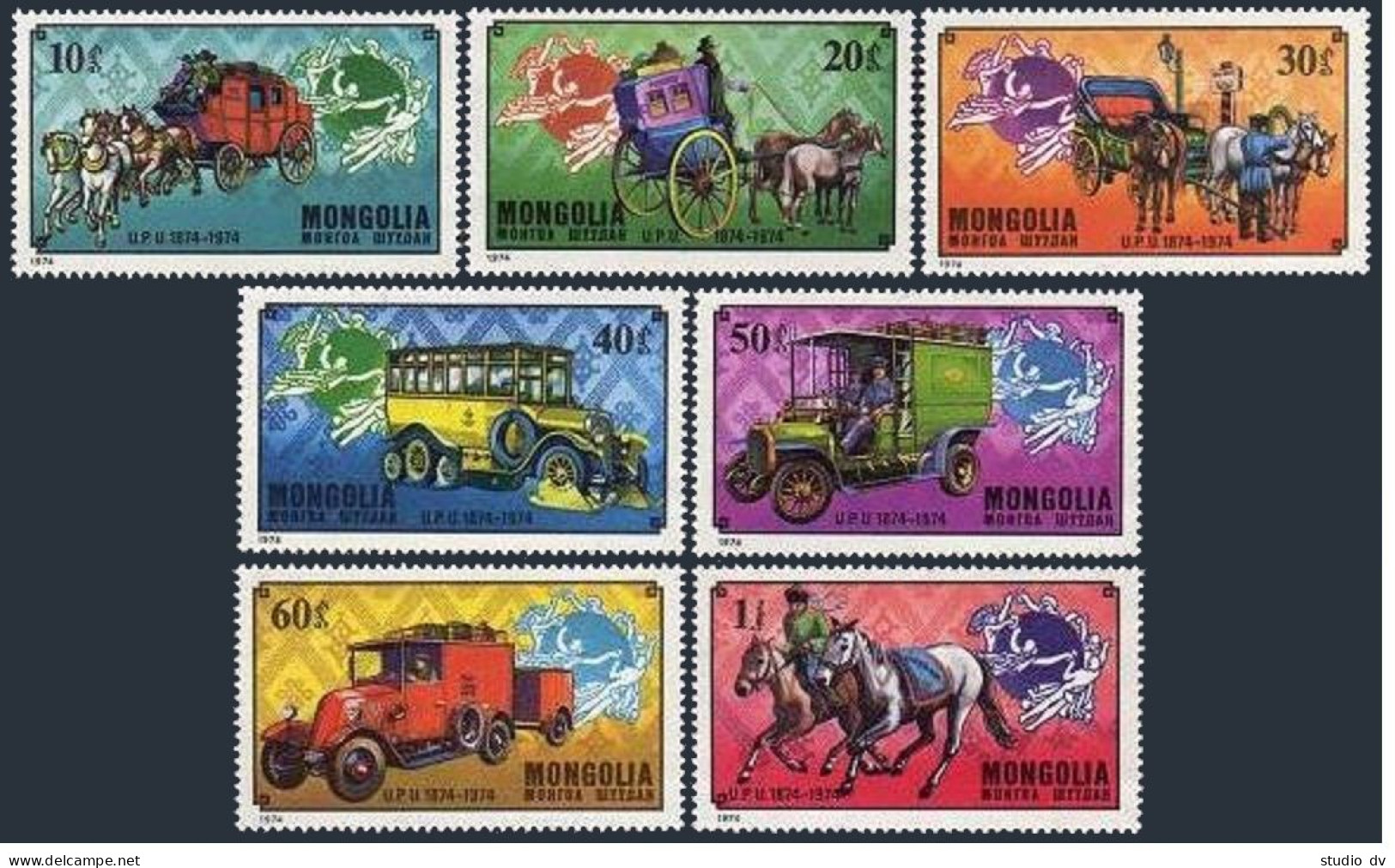 Mongolia 824-830,C68, MNH. Michel 909-915, Bl.38. UPU-100, 1974. Mail Transport. - Mongolië