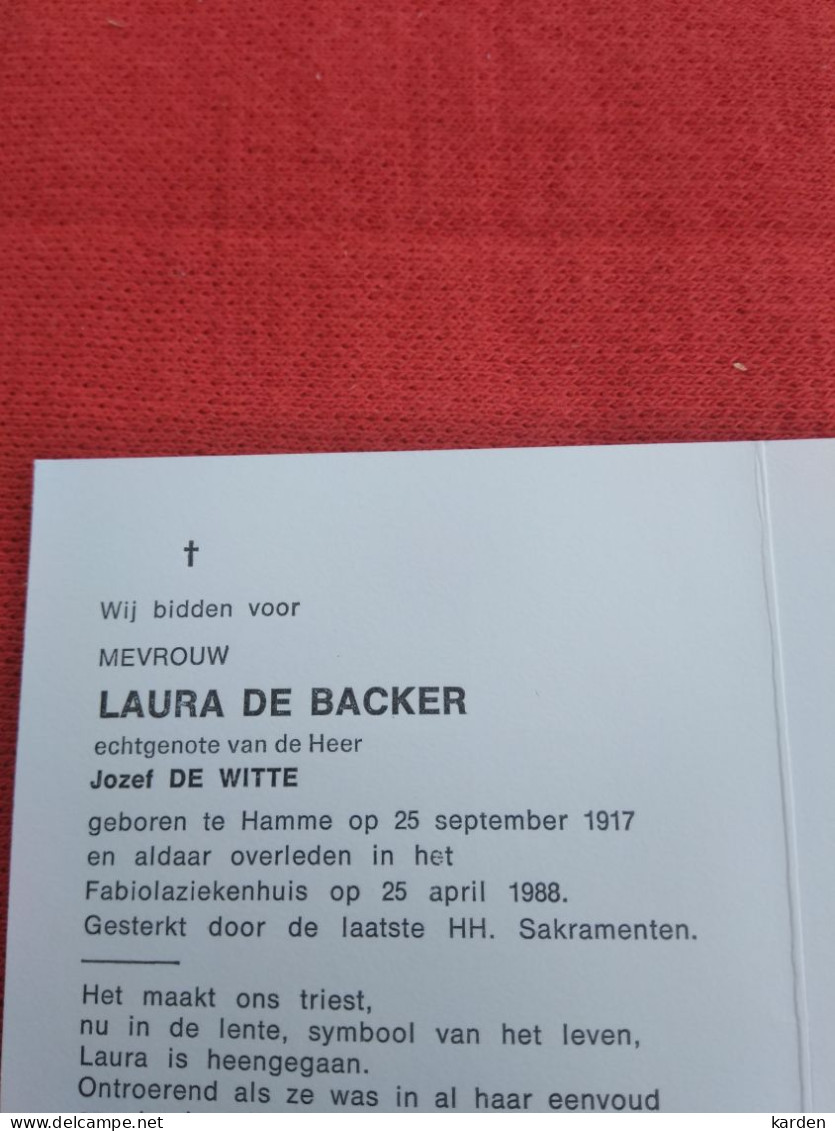 Doodsprentje Laura De Backer / Hamme 25/9/1917 - 25/4/1988 ( Jozef De Witte ) - Religión & Esoterismo
