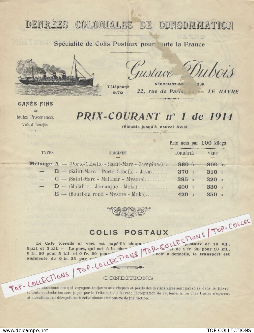 NAVIGATION 1914 ENTETE NAVIRE VAPEUR Gustave Dubois Le Havre Colis Postaux Et Café Denrées Coloniales Consommation  V.SC - 1900 – 1949
