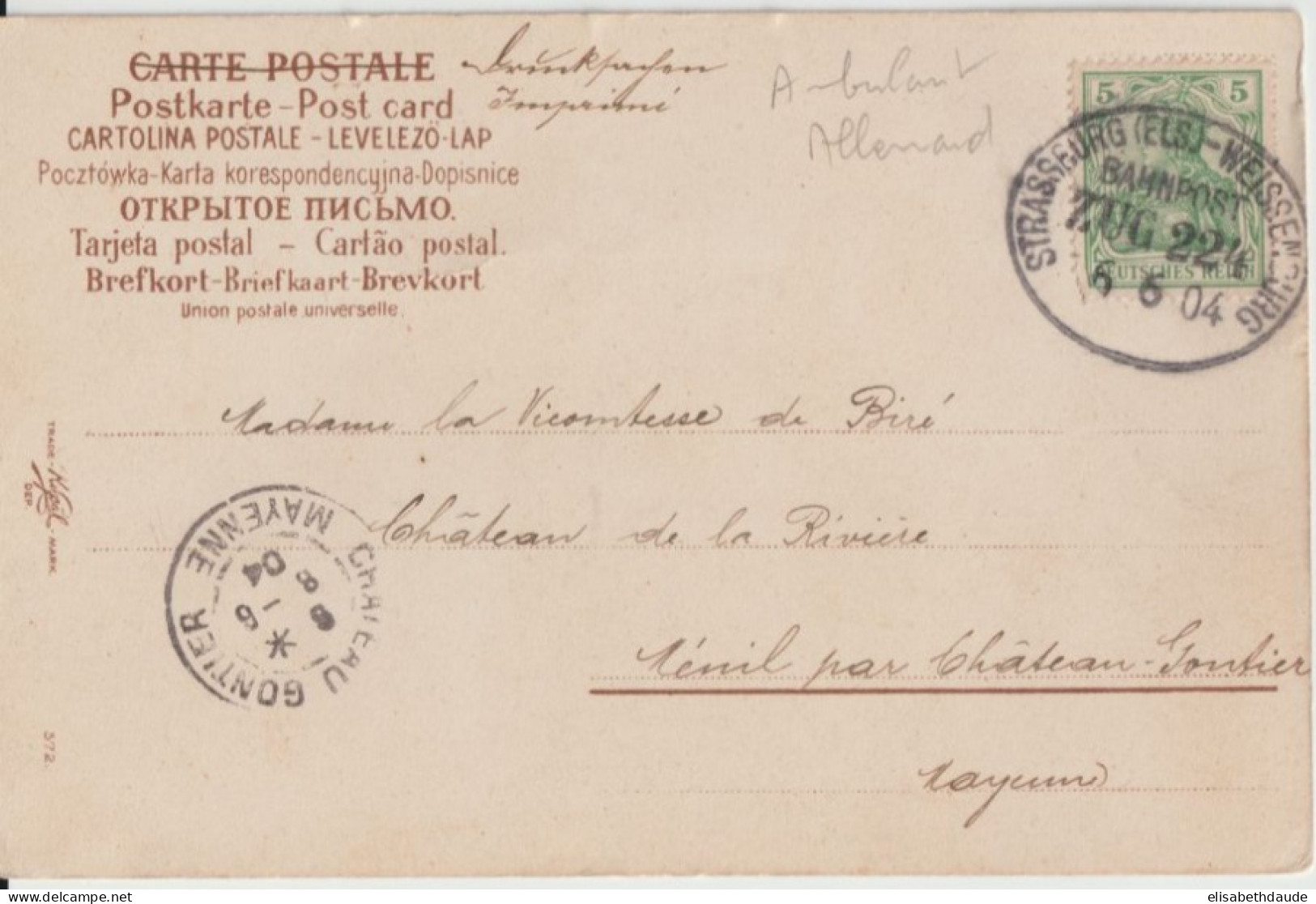 1904 - ALSACE - CACHET CONVOYEUR BAHNPOST STRASSBURG WEISSENBURG (IND 8) ZUG 224 SUP ! - CP => CHATEAU GONTIER - Storia Postale