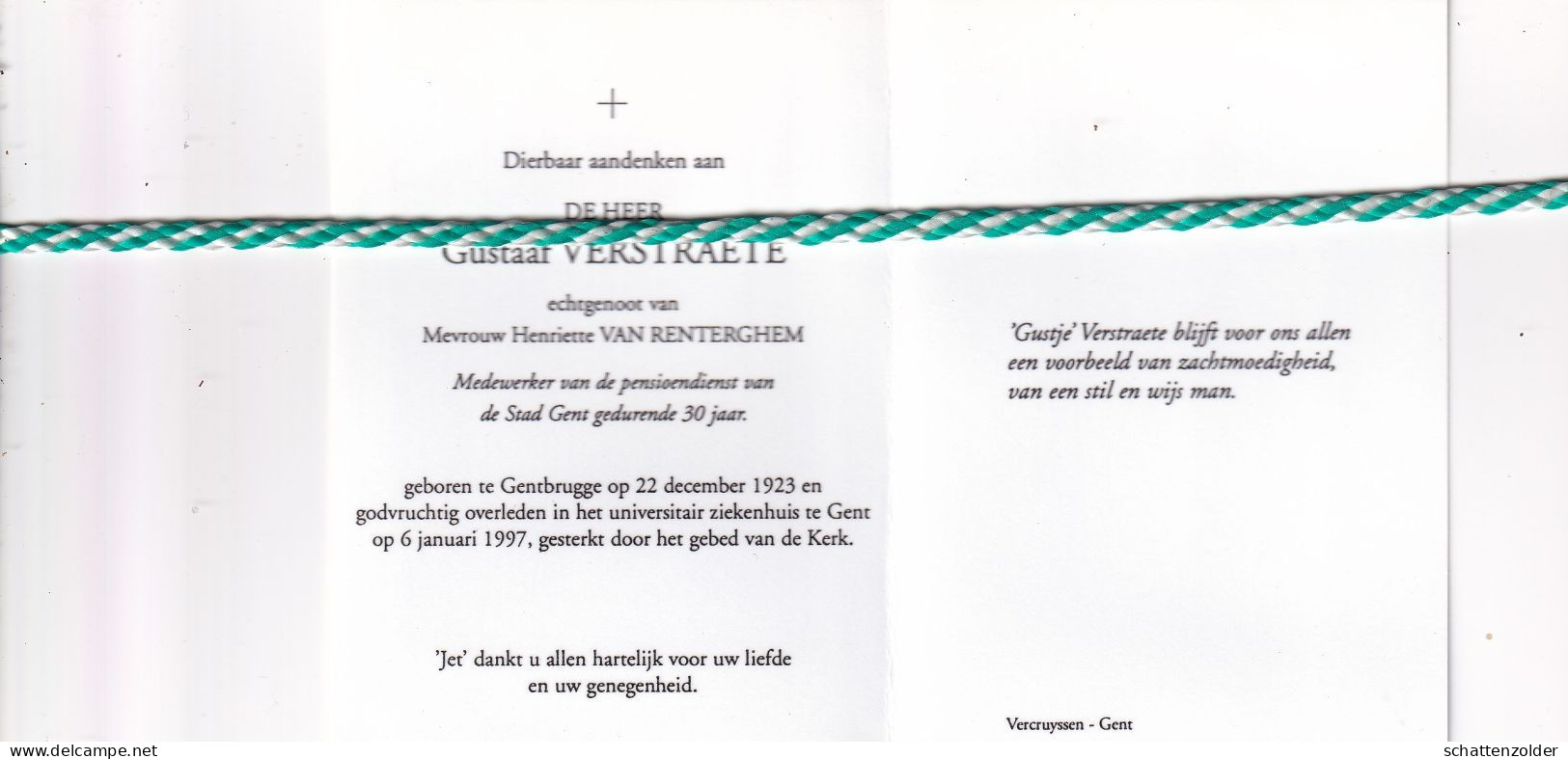 Gustaaf Verstraete-Van Renterghem, Gentbrugge 1923, Gent 1997. Foto - Overlijden