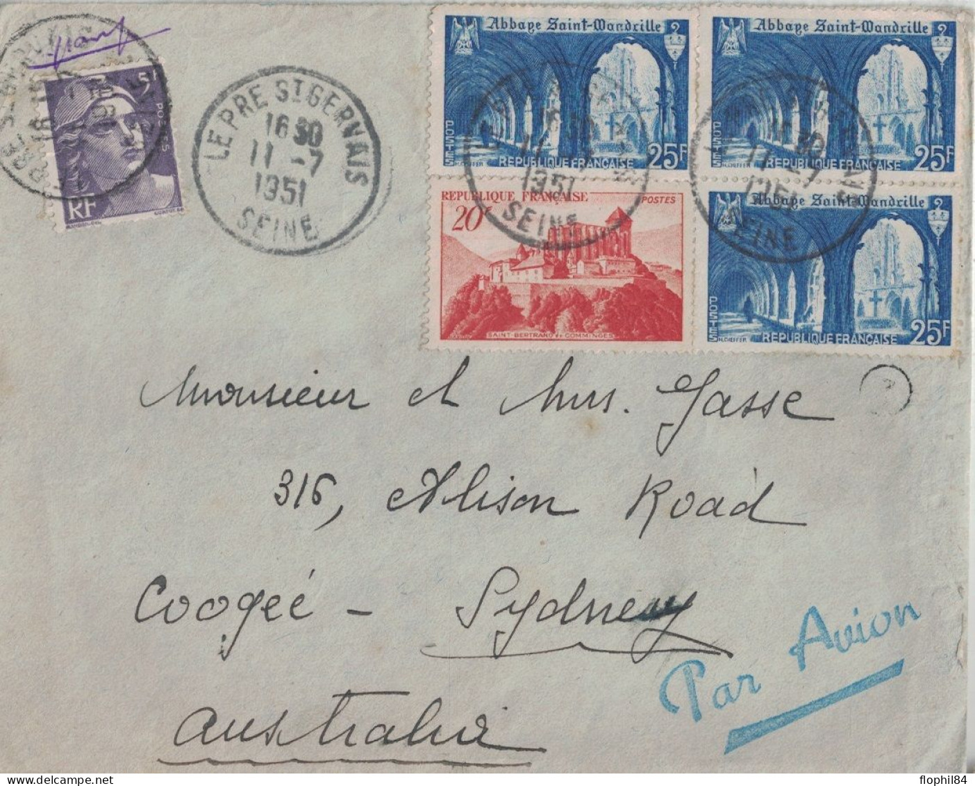 SEINE - LE PRE ST GERVAIS - LETTRE AVION POUR SUDNEY AUSTRALIE - LE 11-7-1951 - BEL AFFRANCHISSEMENT A  100F. - Postal Rates