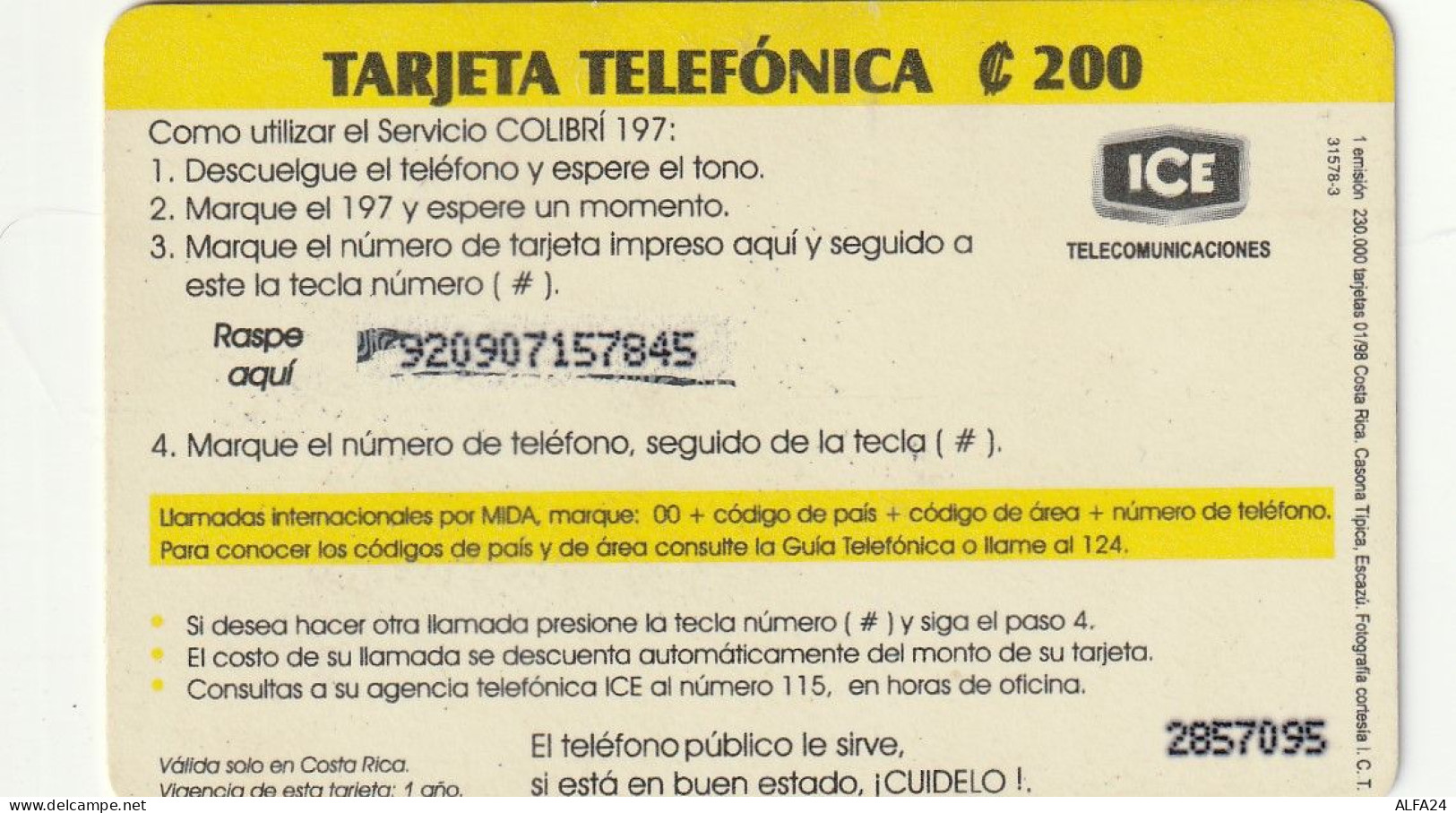 PREPAID PHONE CARD COSTARICA  (E10.30.2 - Costa Rica