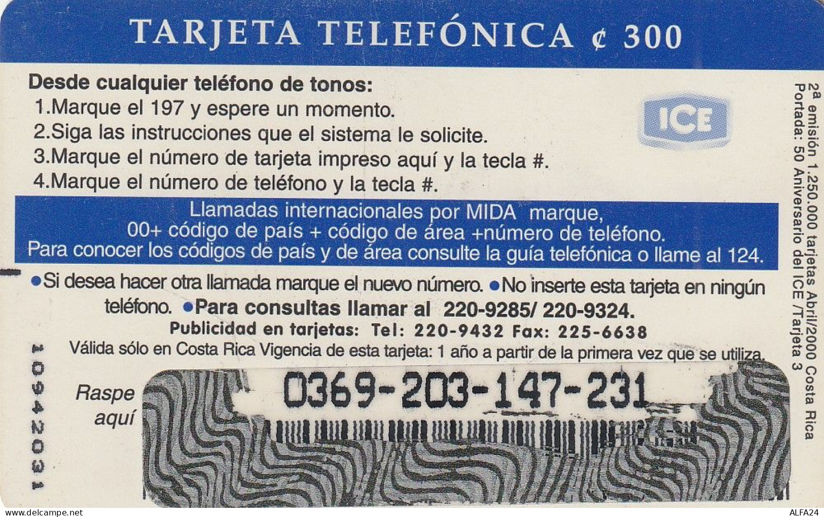 PREPAID PHONE CARD COSTARICA  (E10.30.1 - Costa Rica