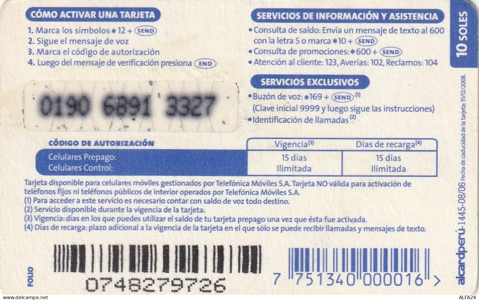 PREPAID PHONE CARD PERU  (E10.18.2 - Perú