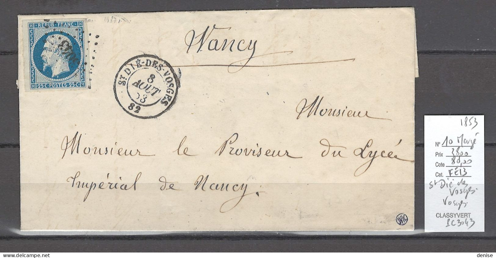 France - Lettre Saint Dié - Vosges  - 25cts Présidence Margé  - PC3043 - 1849-1876: Période Classique