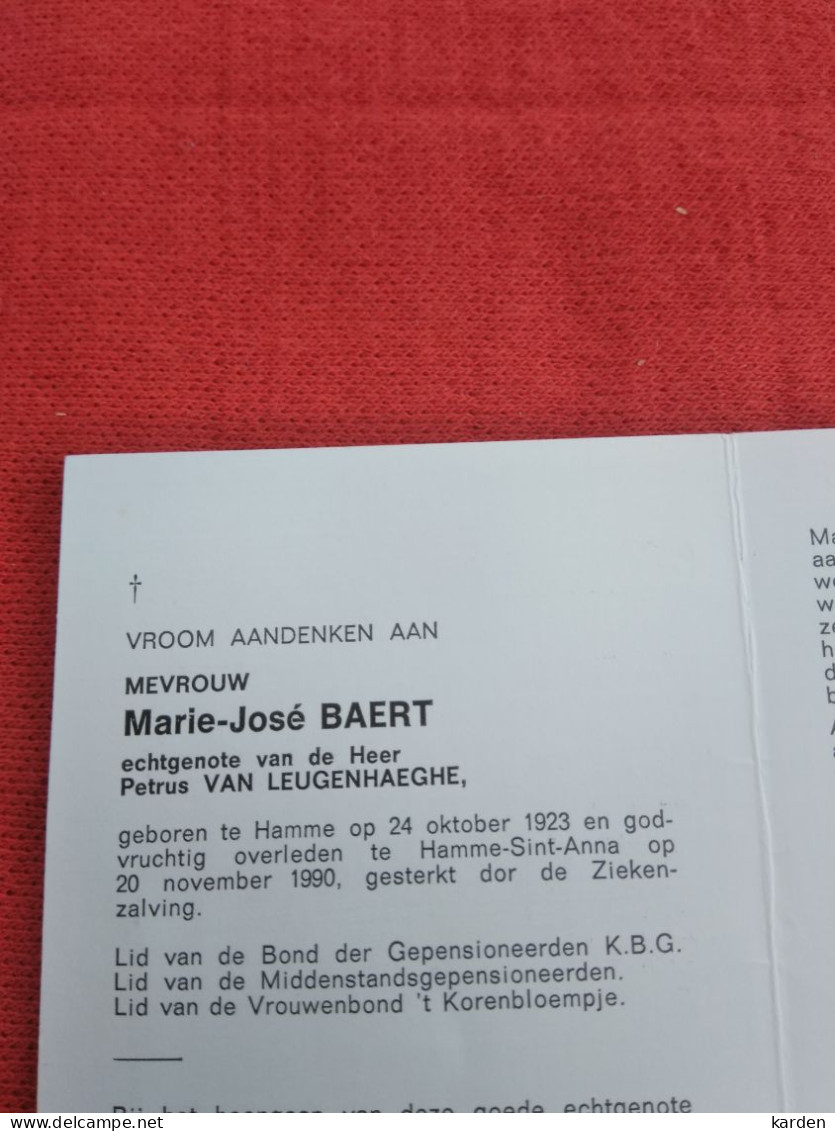 Doodsprentje Marie José Baert / Hamme 24/10/1923 Hanne Sint Anna 29/11/1990 ( Petrus Van Leugenhaeghe ) - Godsdienst & Esoterisme