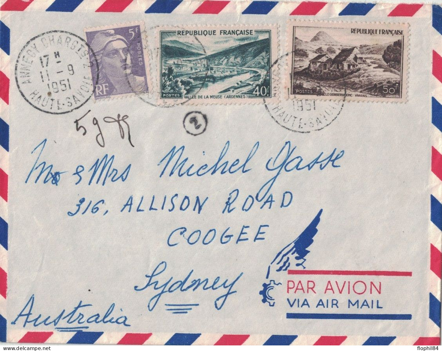 HAUTE SAVOIE - ANNECY CHARGEMENT 2 - LETTRE AVION POUR SYDNEY AUSTRALIE - LE 11-9-1951 -  AFFRANCHISSEMENT A 95F - Postal Rates