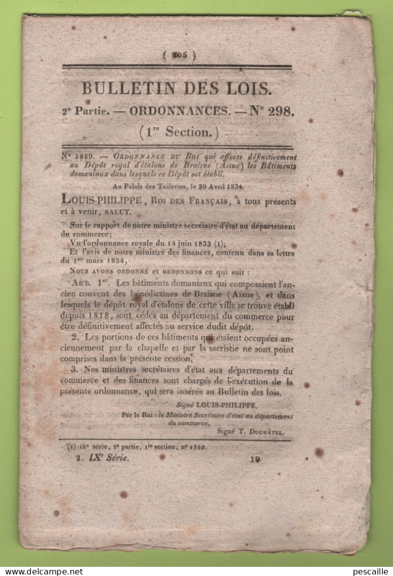 1834 BULLETIN DES LOIS - BRAINE 02 - COTE DE MONTRY 77 - VOITURES PUBLIQUES - BREVETS D'INVENTION - AVEYRON - CALVADOS - - Wetten & Decreten