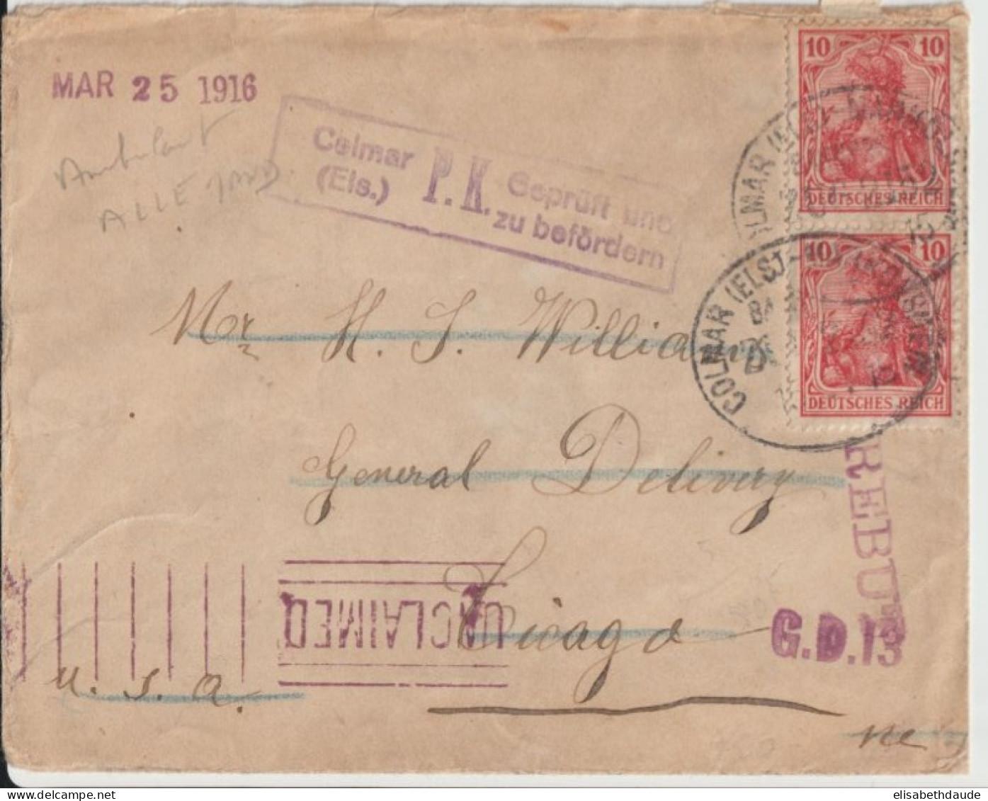 1915 - ALSACE - CONVOYEUR BAHNPOST COLMAR MAKOLSHEIM (IND 7) ZUG 2152 - ENV. CENSUREE => CHICAGO !! => REBUTS - Briefe U. Dokumente