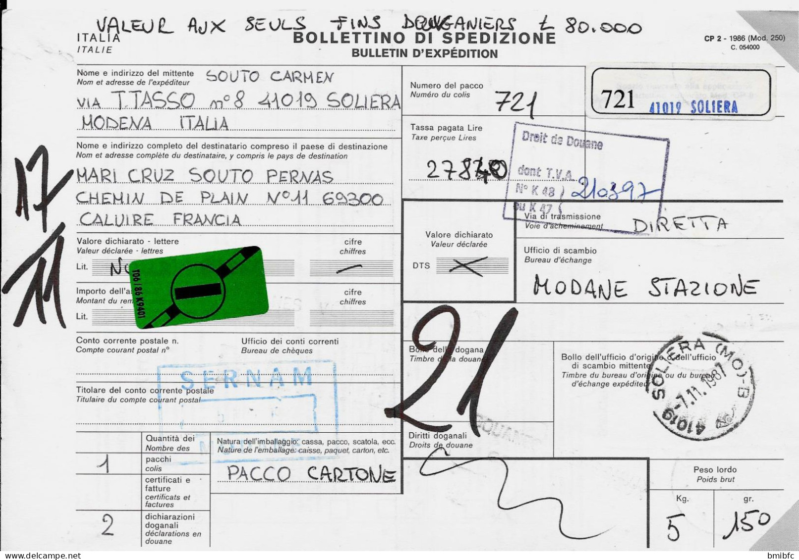 BOLLETINO DI SPEDIZIONI De SOLIERA Pour CALUIRE 1987 - Postal Parcels