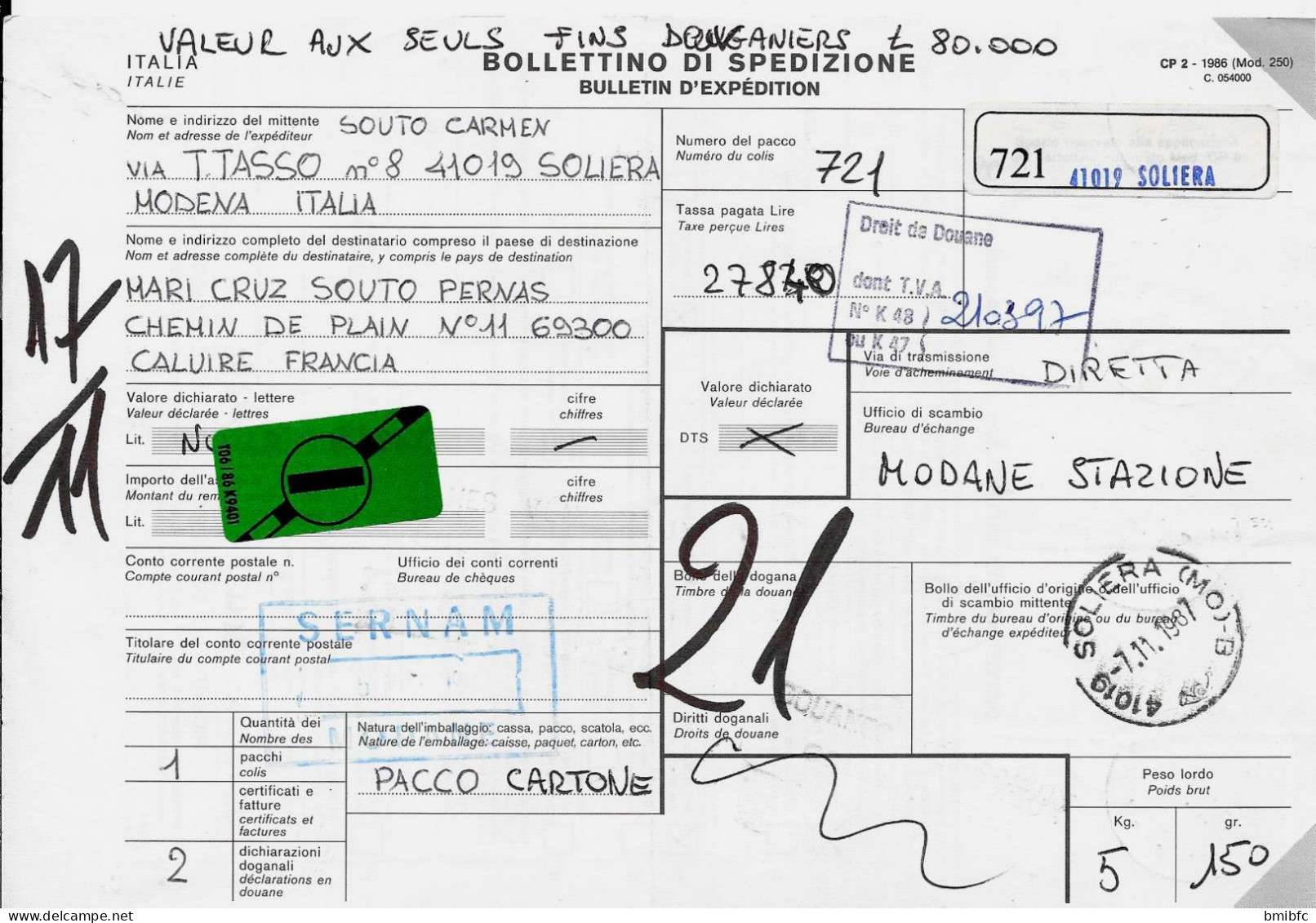 BOLLETINO DI SPEDIZIONI De SOLIERA Pour CALUIRE 1987 - Postpaketten