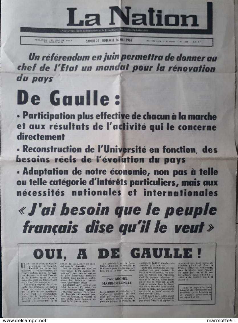 LA NATION MAI 1968 PRESSE DE GAULLE - 1950 - Today