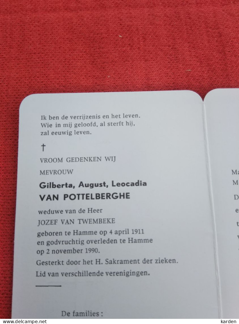 Doodsprentje Gilberta August Leocadia Van Pottelberghe / Hamme 4/4/1911 - 2/11/1990 ( Jozef Van Twembeke ) - Religión & Esoterismo