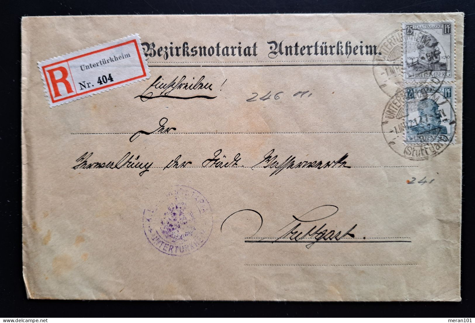 Württemberg 1917, Dienstbrief Einschreiben Untertürkheim Mi 241+246 - Brieven En Documenten