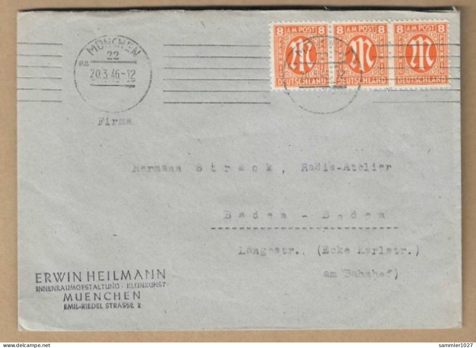 Los Vom 14.05   Briefumschlag Aus München Nach Baden-Baden 1946 - Covers & Documents