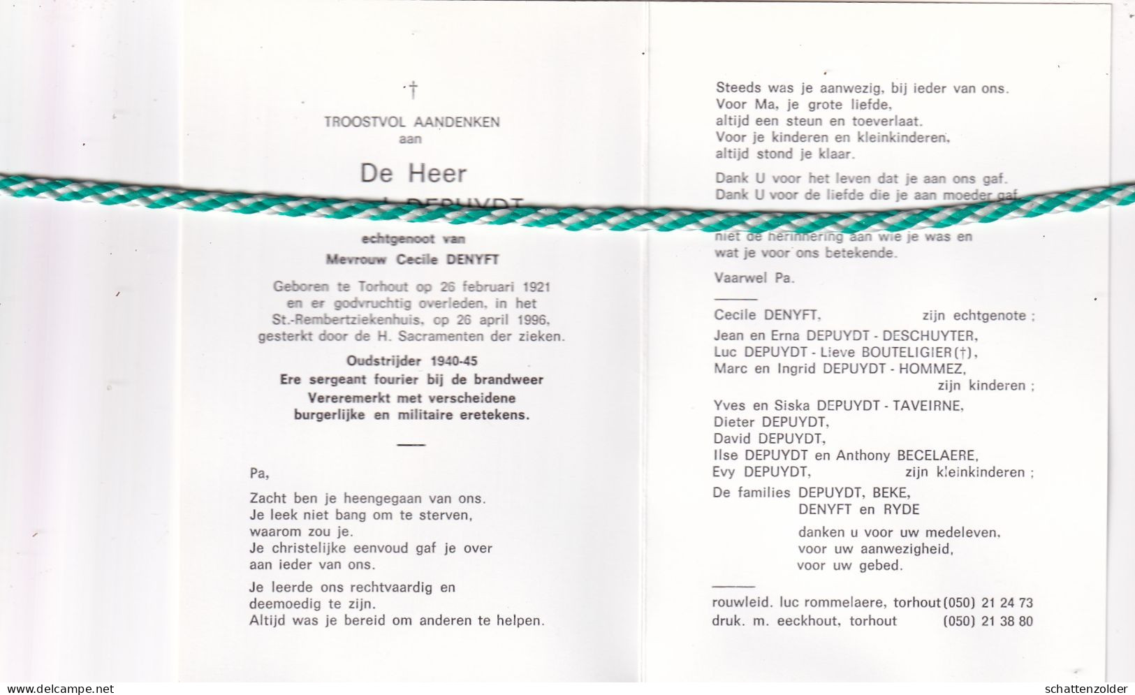 Marcel Depuydt-Denyft, Torhout 1921, 1996. Oud-strijder 40-45, Foto Ere Sergeant Fourier Brandweer - Esquela