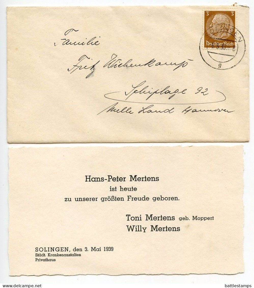 Germany 1939 Cover & Birth Announcement; Solingen To Schiplage; 3pf. Hindenburg - Covers & Documents