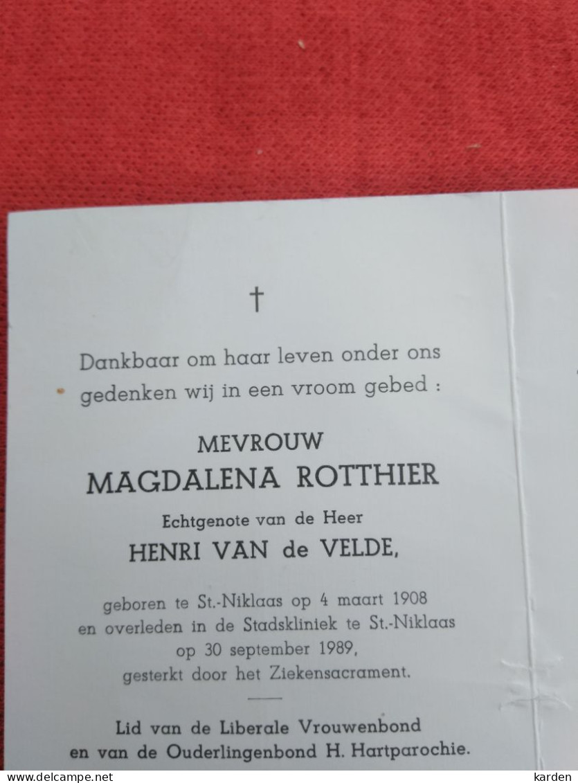 Doodsprentje Magdalena Rotthier / Sint Niklaas 4/3/1908 - 30/9/1989 ( Henri Van De Velde ) - Religión & Esoterismo