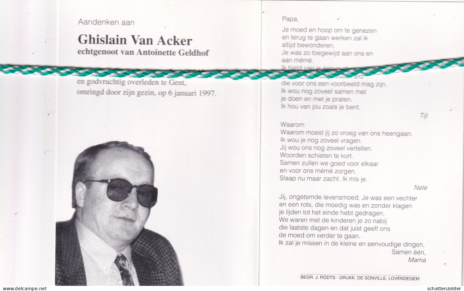 Ghislain Van Acker-Geldhof, Lovendegem 1945, Gent 1997. Foto - Overlijden