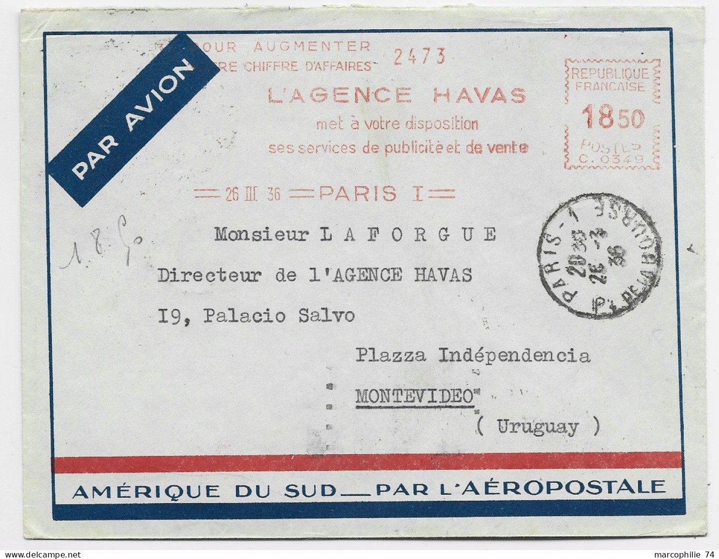 EMA C0349 18FR50 AGENCE HAVAS PARIS 1 26.III.1936 LETTRE AVION AEROPOSTALE POUR URUGUAY AU TARIF RARE - EMA (Print Machine)