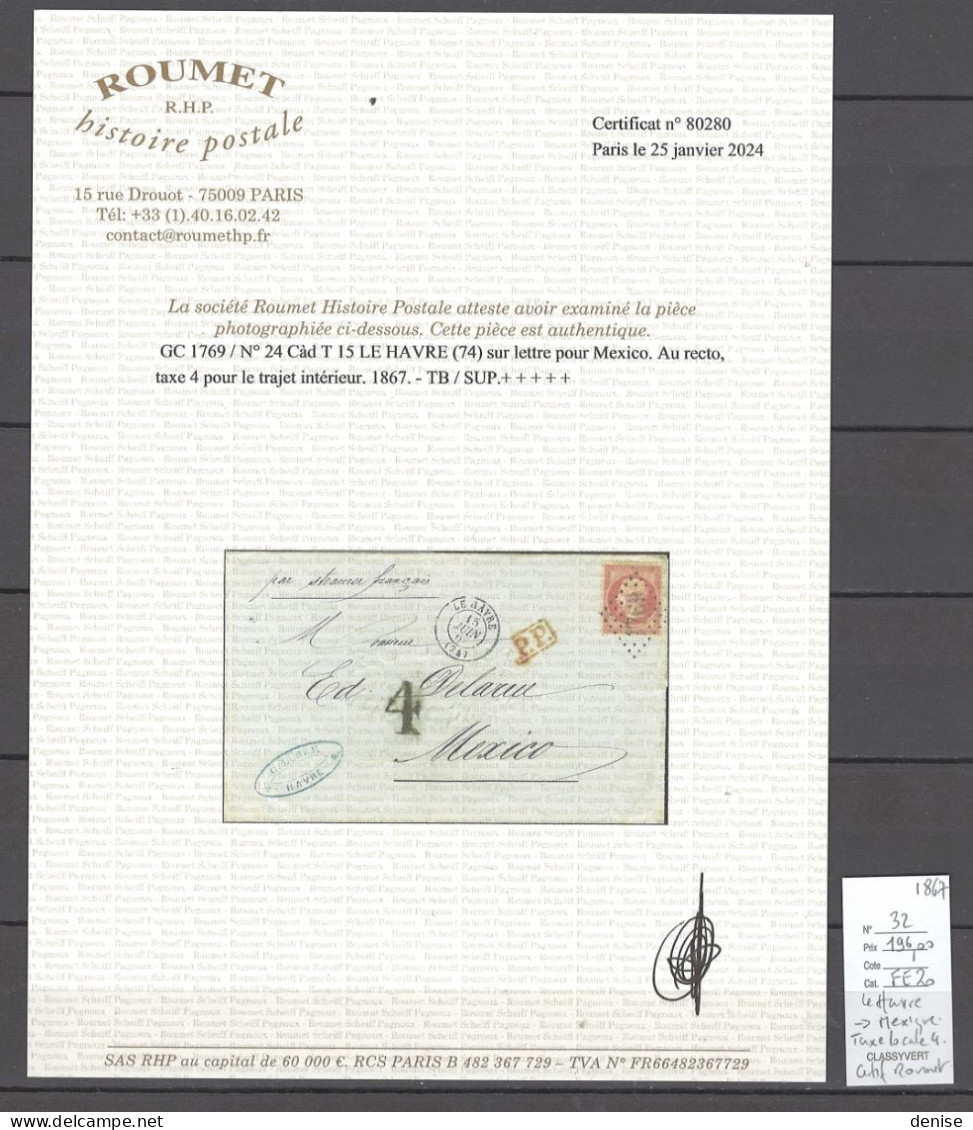 France - Lettre Le Havre Pour Mexico - 1867 - Certificat Roumet - 1849-1876: Période Classique