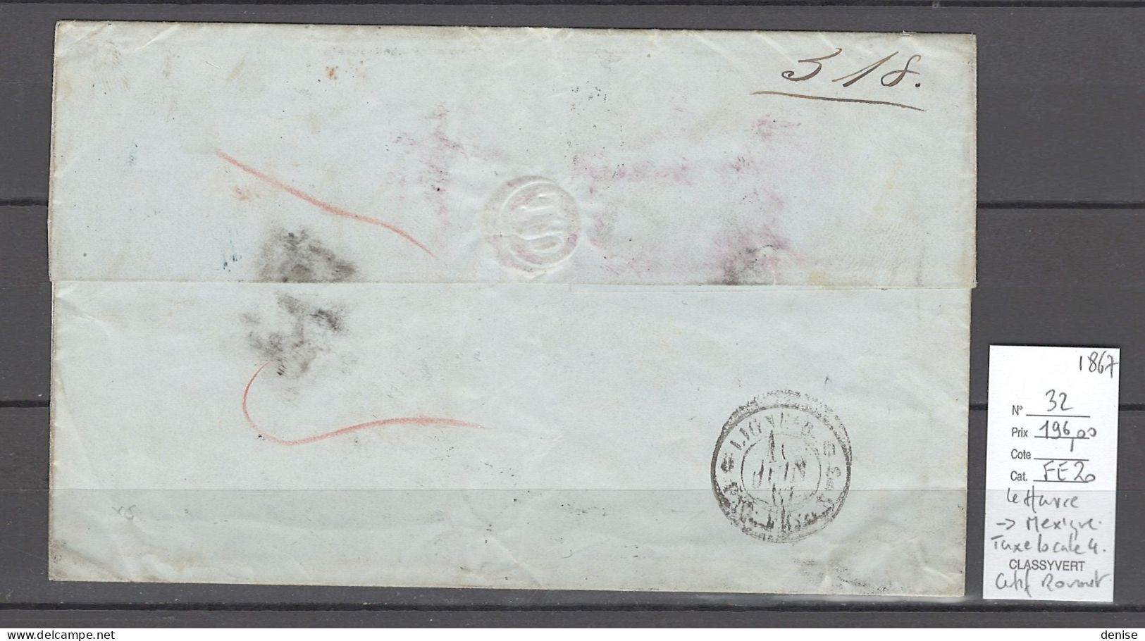 France - Lettre Le Havre Pour Mexico - 1867 - Certificat Roumet - 1849-1876: Klassieke Periode