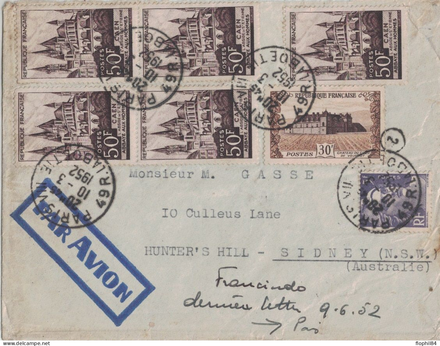 PARIS - VIII - 49 R.LABOETIE - LETTRE AVION DU 10-3-1952 POUR SYDNEY AUSTRALIE -  SUPERBE AFFRANCHISSEMENT A  285F - MAN - Postal Rates