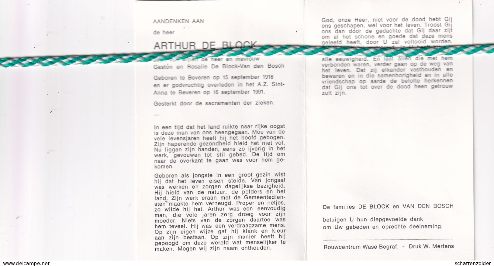 Arthur De Block-Van Den Bosch, Beveren 1916, 1991 - Obituary Notices