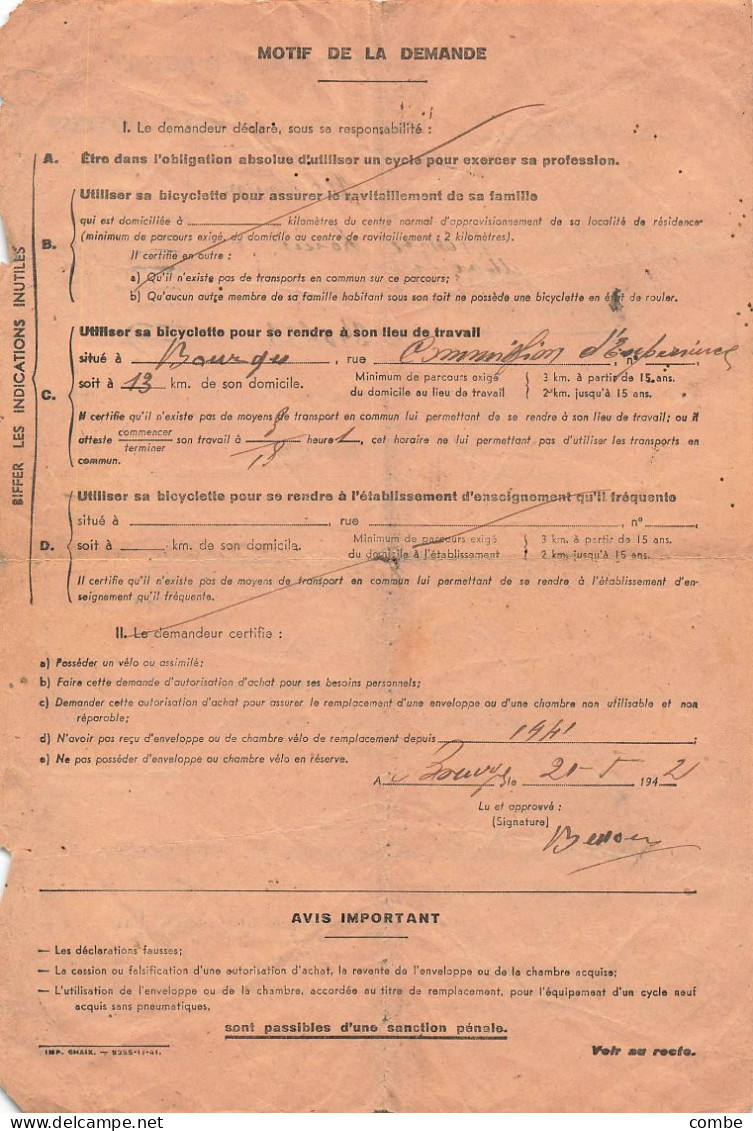 DEMANDE D'ACHAT DE PNEU VEO OU VELO-MOTEUR JUIN 1942. BOURGES - Historical Documents