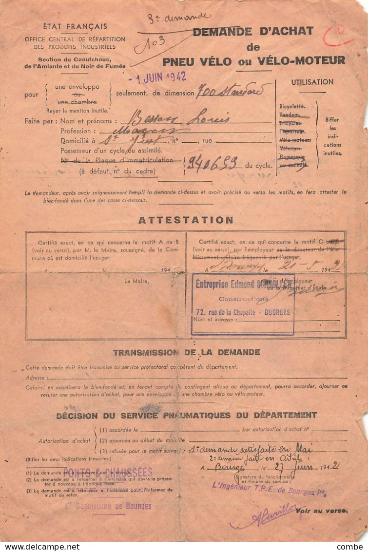 DEMANDE D'ACHAT DE PNEU VEO OU VELO-MOTEUR JUIN 1942. BOURGES - Documents Historiques