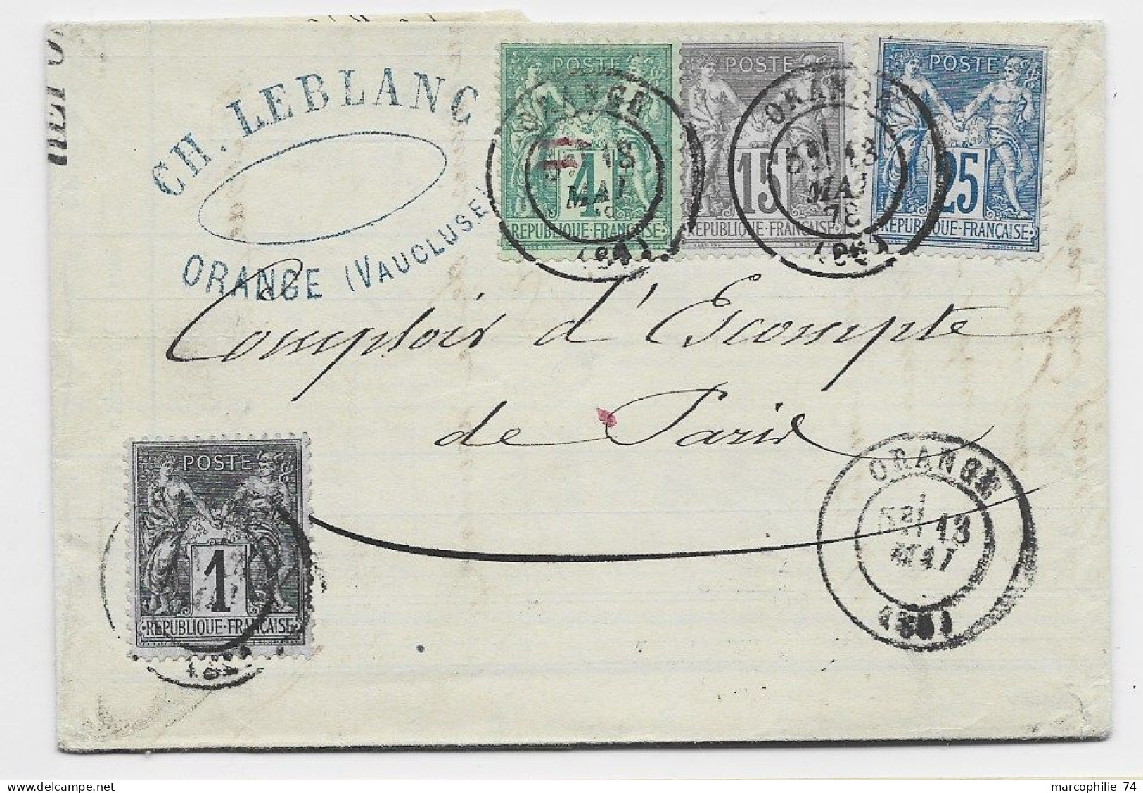 FRANCE SAGE 4C VERT+ 1C+15C+25C LETTRE COVER ORANGE 13 MAI 1878 AFFR QUADRICOLORE - 1849-1876: Klassieke Periode