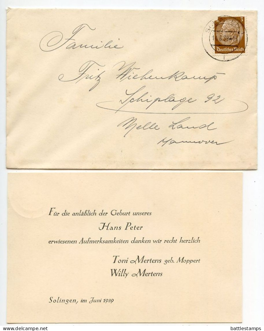 Germany 1939 Cover & Thank You Card; Solingen To Schiplage; 3pf. Hindenburg - Lettres & Documents
