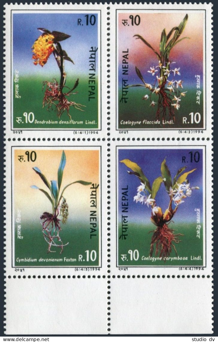 Nepal 550 Ad Block, MNH. Michel 569-572. Orchids 1994. - Népal