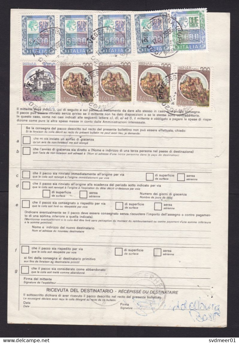 Italy: Parcel Form To Netherlands, 1986, 10 Stamps, Castle, Label Pievesestina, Customs Cancel, Bulletin (minor Damage) - Sonstige & Ohne Zuordnung