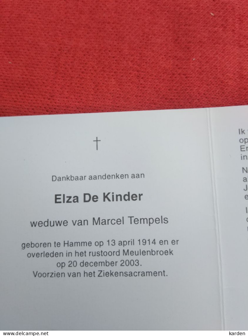 Doodsprentje Elza De Kinder / Hamme 13/4/1914 - 20/12/2003 ( Marcel Tempels ) - Religion & Esotericism