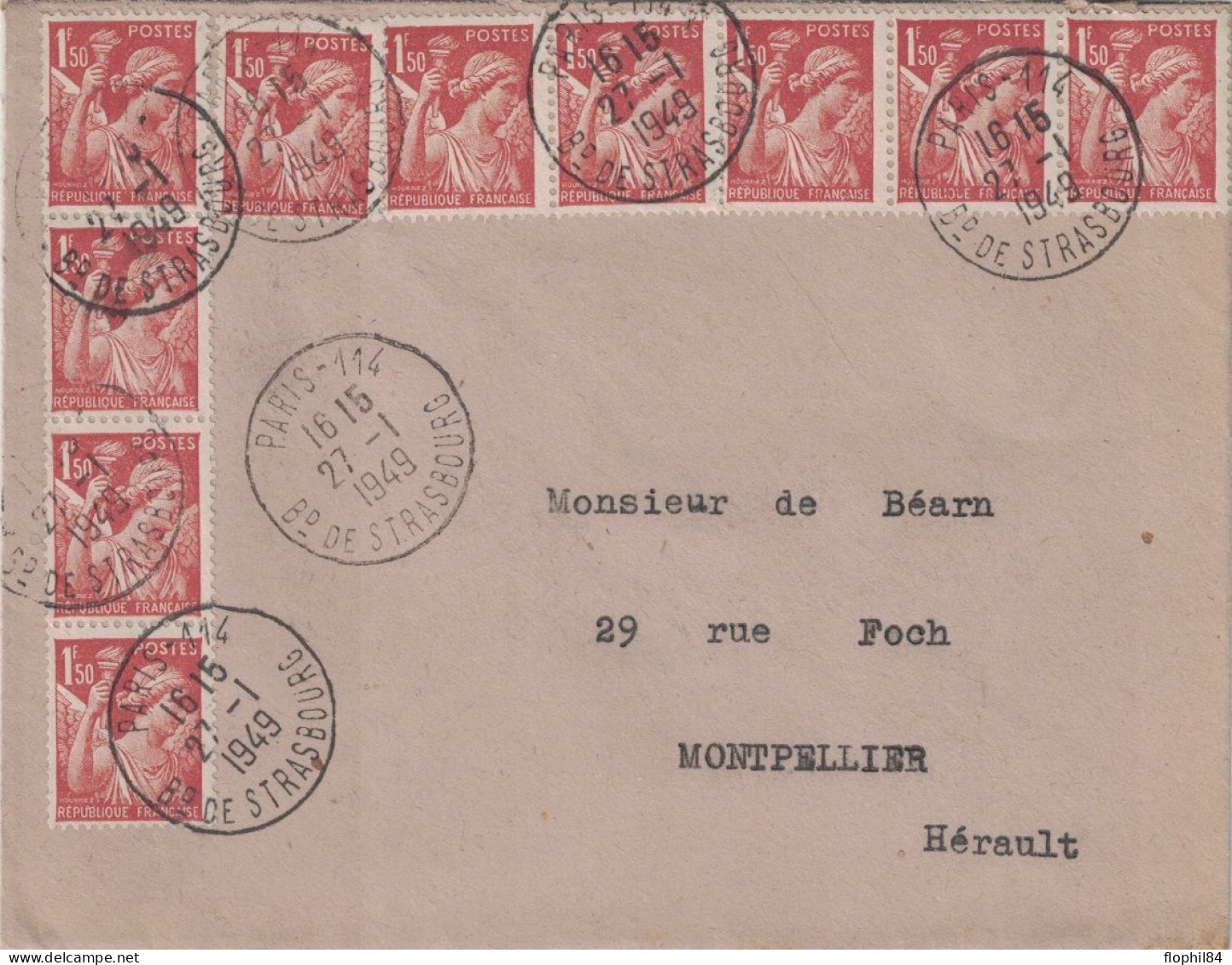 PARIS - 114 - BD DE STRASBOURG - 1F50 IRIS X 10 DONT 1 BANDE DE 5 ET DE 4 - ENVELOPPE DU 27-1-1949. - Posttarieven