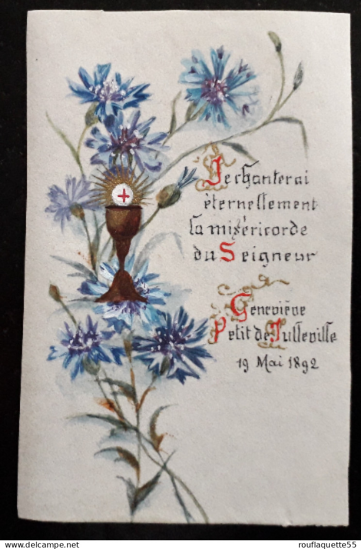 Image Pieuse Sur Papier Parcheminé, à Décor Peint à La Main D'un Bouquet De Bleuets Et D'un Calice, 19 Mai 1892 - Devotion Images