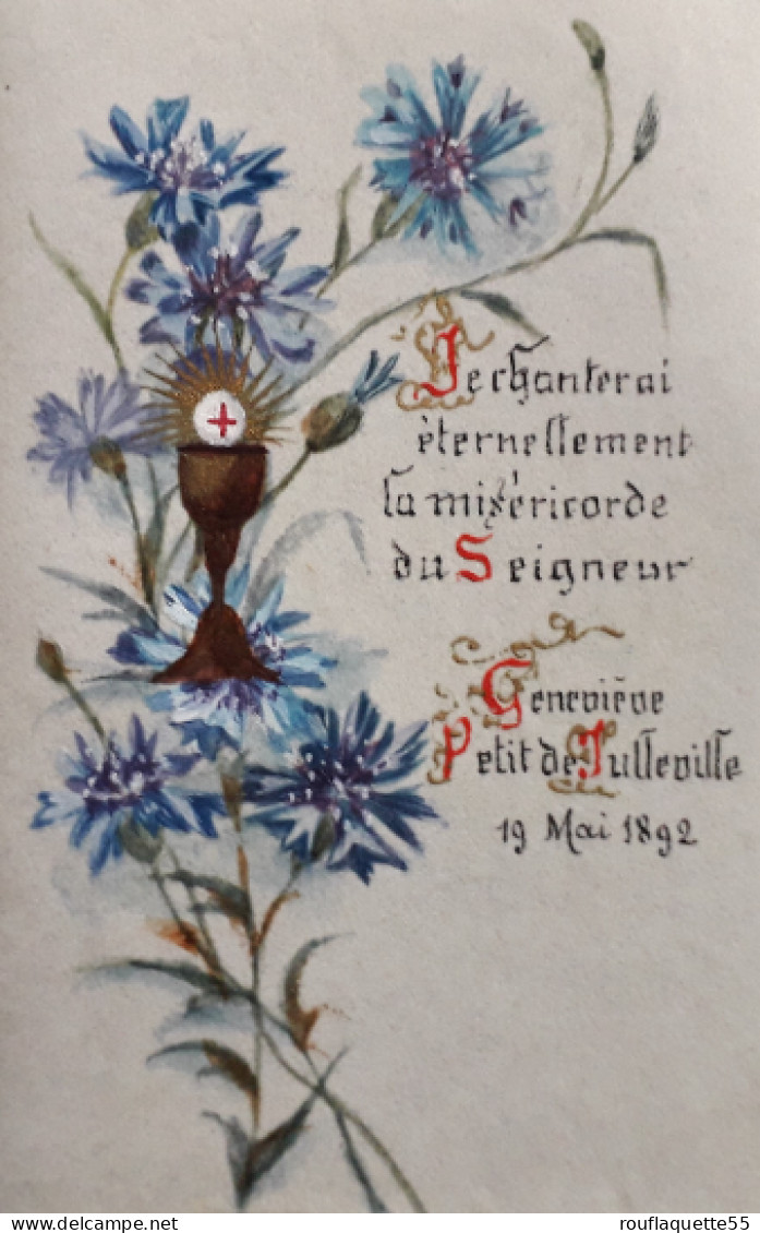 Image Pieuse Sur Papier Parcheminé, à Décor Peint à La Main D'un Bouquet De Bleuets Et D'un Calice, 19 Mai 1892 - Images Religieuses