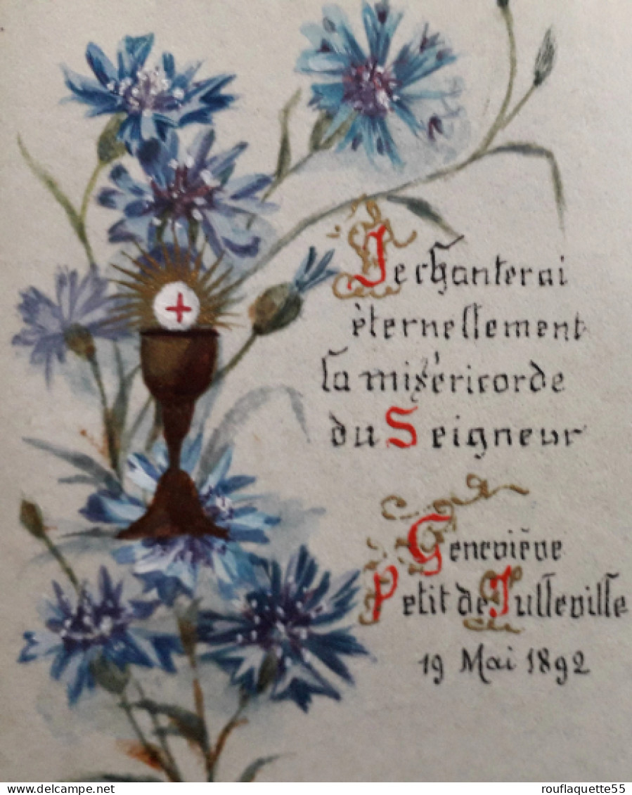 Image Pieuse Sur Papier Parcheminé, à Décor Peint à La Main D'un Bouquet De Bleuets Et D'un Calice, 19 Mai 1892 - Devotion Images