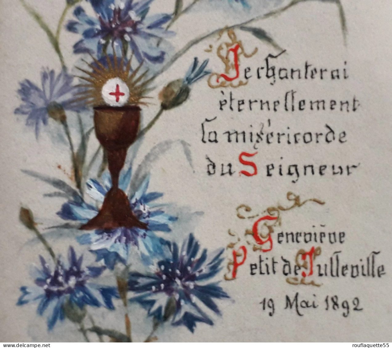 Image Pieuse Sur Papier Parcheminé, à Décor Peint à La Main D'un Bouquet De Bleuets Et D'un Calice, 19 Mai 1892 - Devotion Images