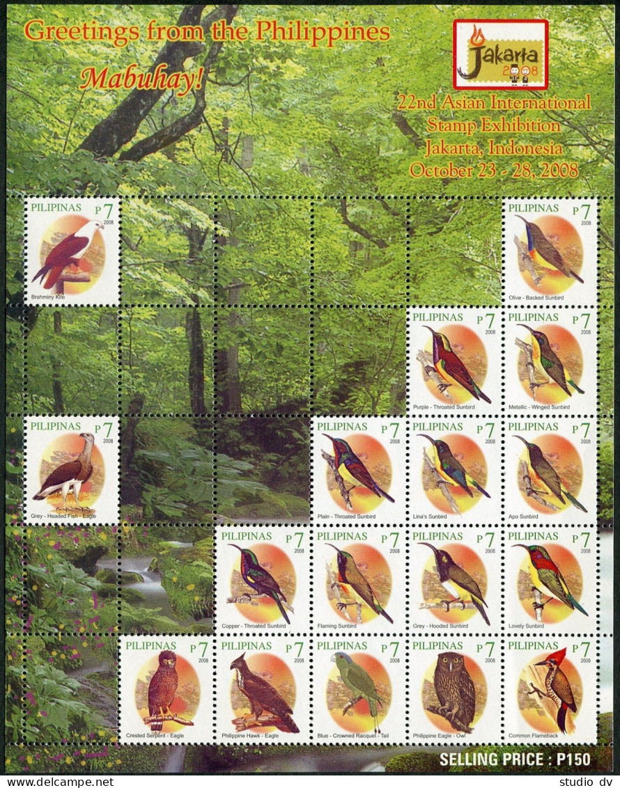 Philippines 3177 Ag Sheet, MNH. Jakarta 2008 StampEXPO. Birds. - Filippine